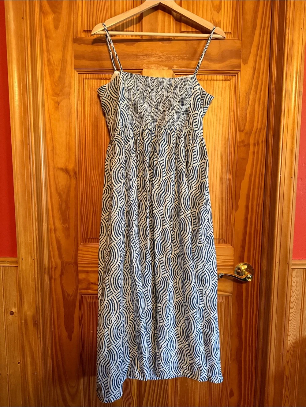 H&M Linen Blend Spaghetti Strap Maxi Dress in Blue & White Wave Print - Picture 7 of 10